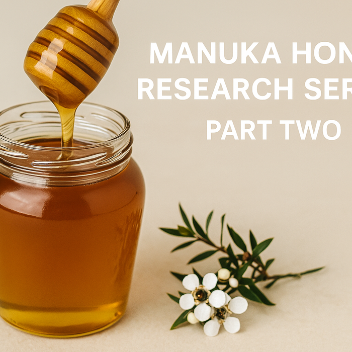 Manuka honey research series part two featuring manuka honey and mānuka flowers, illustrating laboratory research into bioactive potential