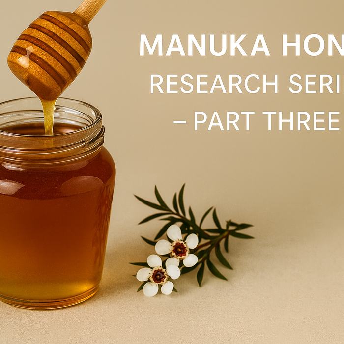Manuka honey research series part three showing New Zealand manuka honey and mānuka flowers, representing protective pathways and prevention research
