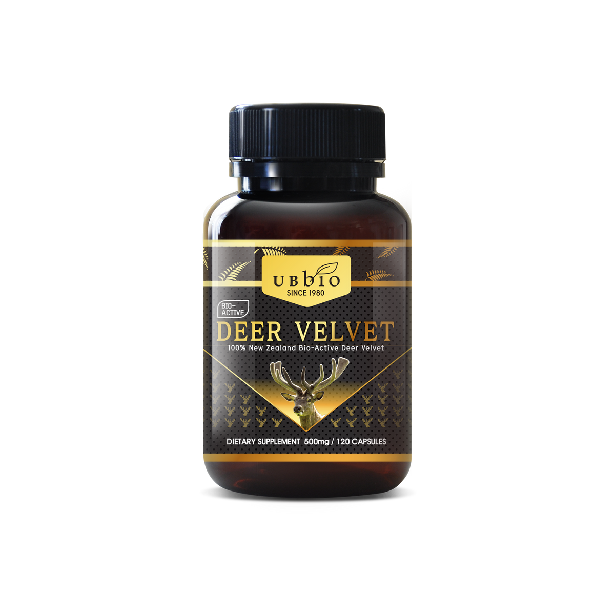 Bottle of Deer Velvet dietary supplement with label showing deer head and 100% New Zealand Deer Velvet